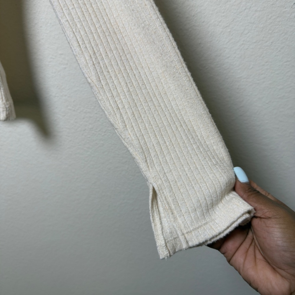 Aerie‎ Women Preppy Cardigan Sweater Large Cream Ribbed Knit Shimmer Coquette - Picture 7 of 11